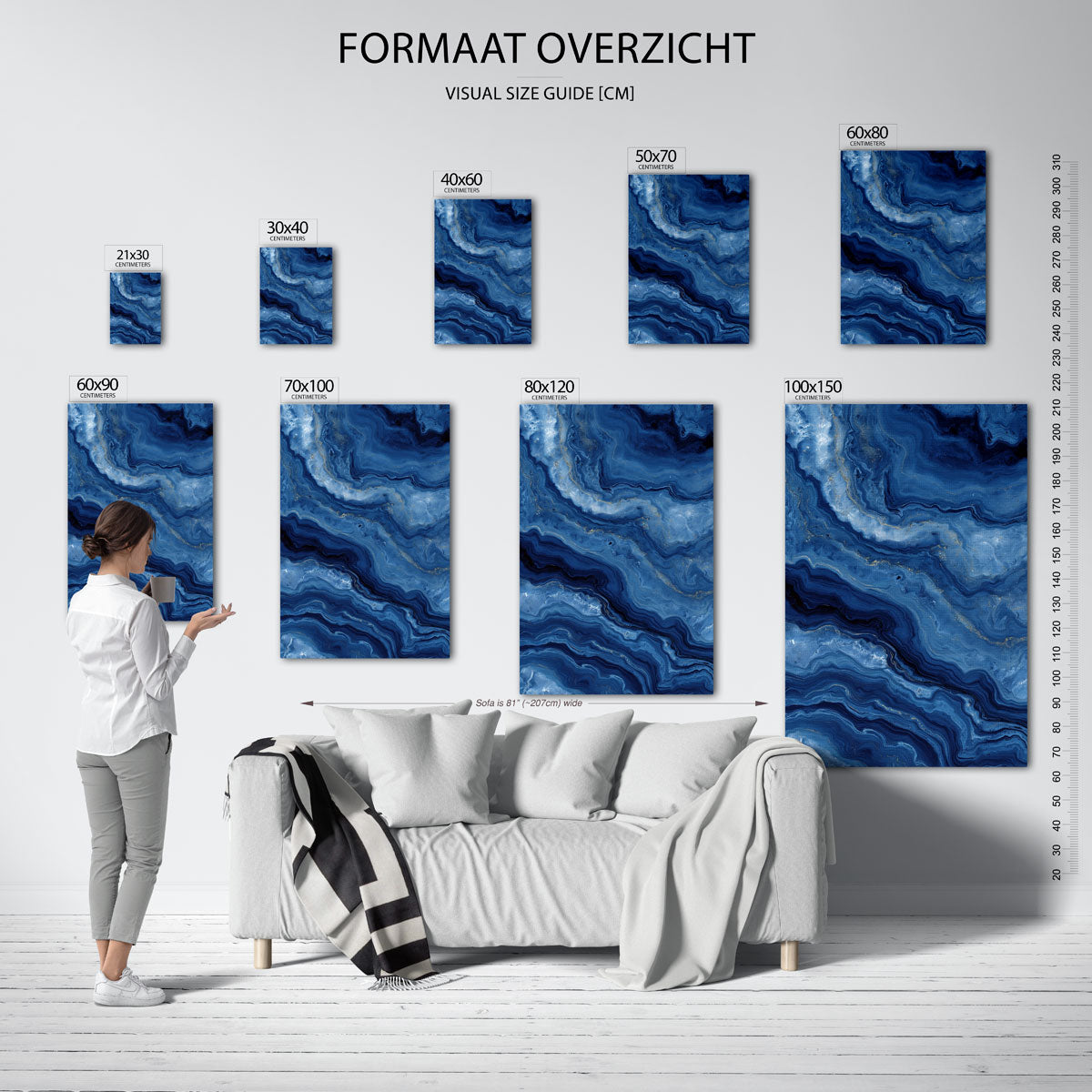 Blauwe marmerstructuur – staande muurposter met abstracte vormen