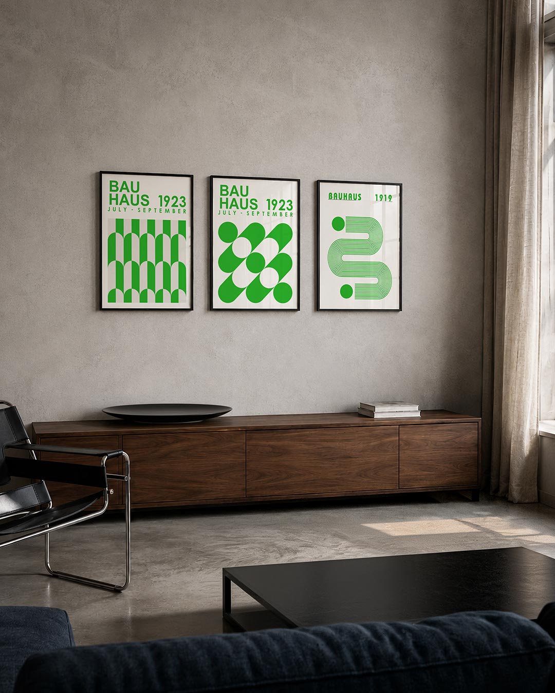 Groene lijnenritme driedelige posterset – deze posterset in drie delen toont een levendig spel van groene en witte bogen en