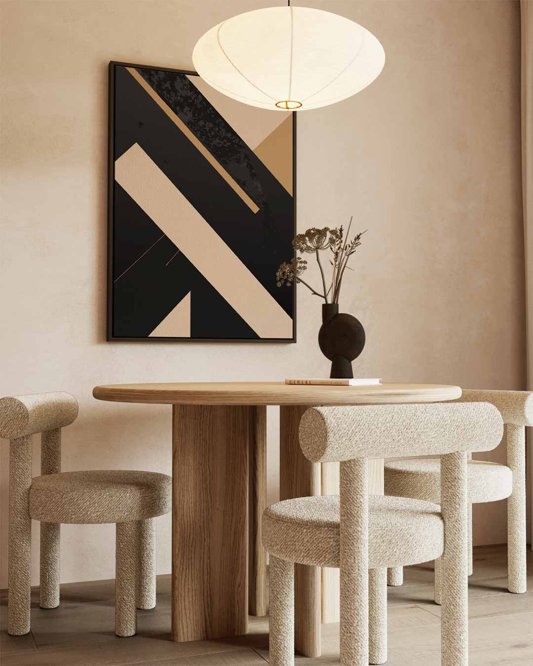 Abstracte Beige Lijnen op Zwart – kunstwerk met zwarte baklijst