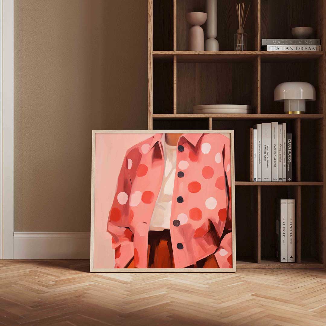 Roze jas met stippen – kleurrijke vierkante wanddecoratie van WallArtistic