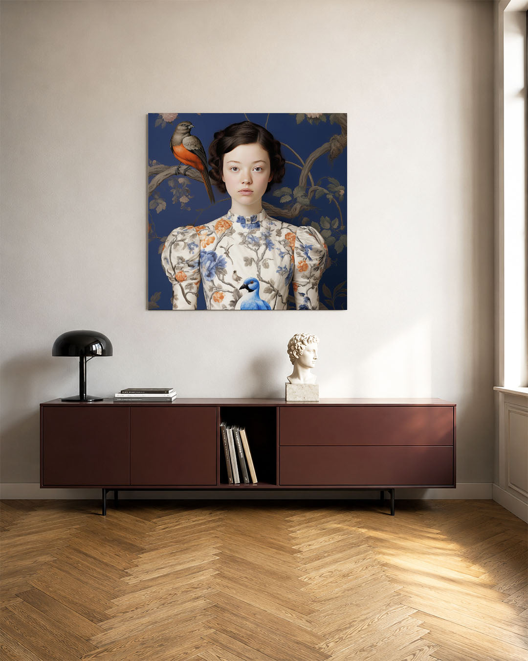 Vogels en bloemen portret kunstwerk – tweede productweergave – dit kunstwerk toont een jonge vrouw in een gedetailleerde jurk