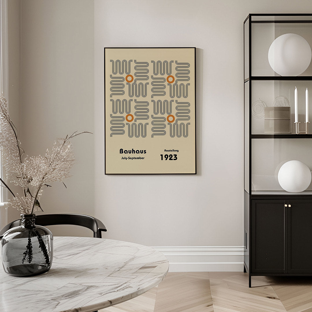 Lijnpatroon en cirkel – geometrische Bauhaus poster in staand formaat