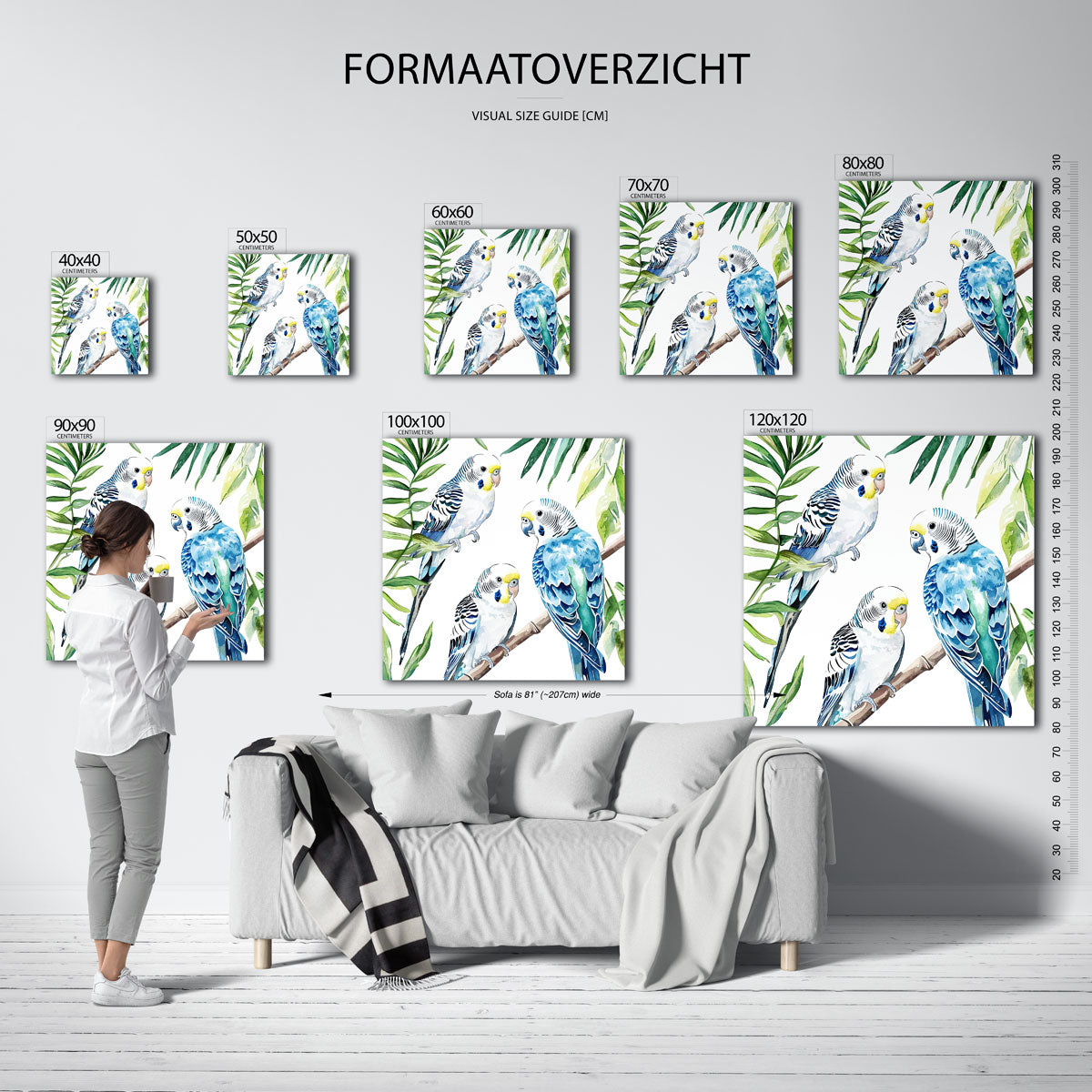 Parkieten en bladeren – vierkante muurposter met dierenthema