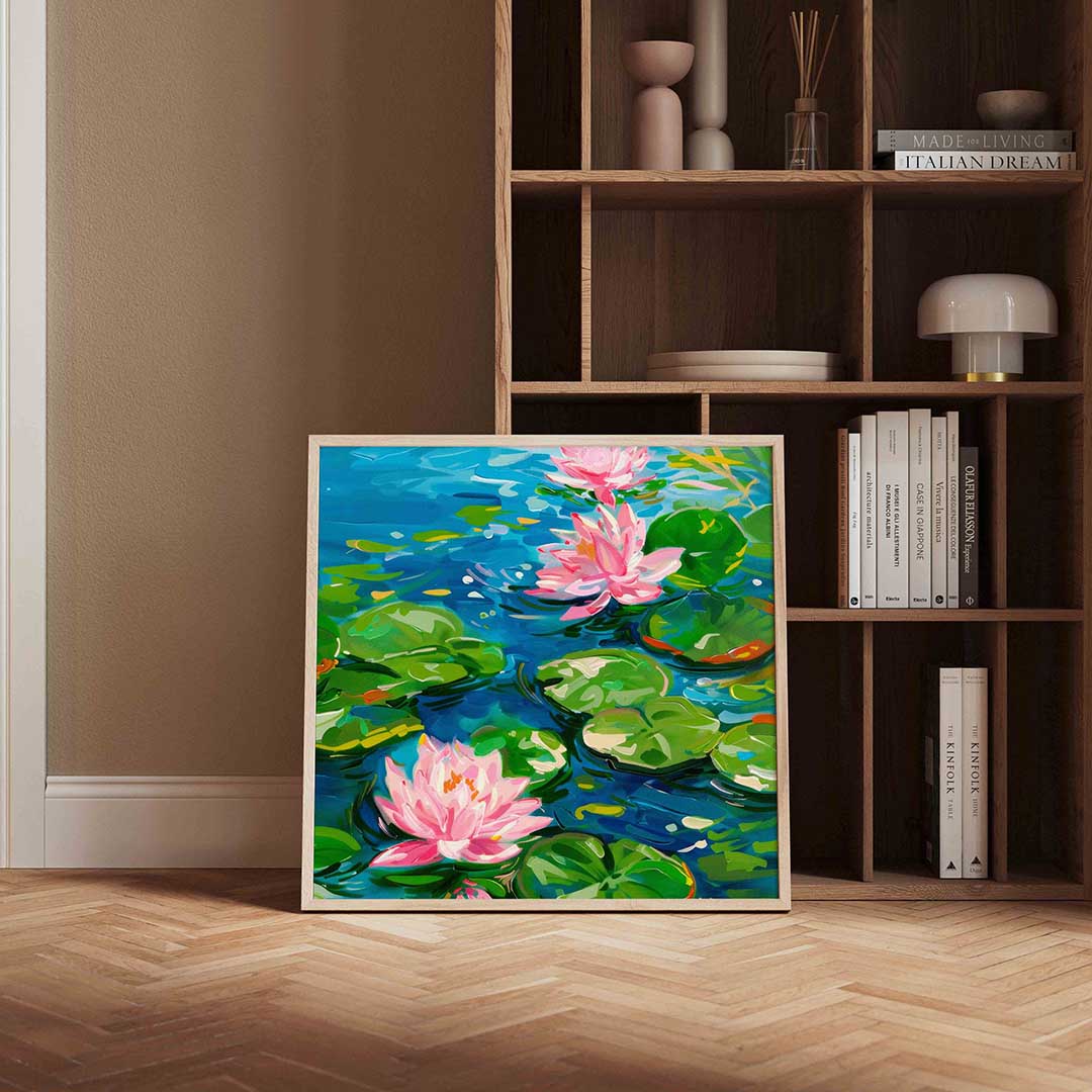 Waterlelies en bladeren – kleurrijke vierkante wanddecoratie van WallArtistic