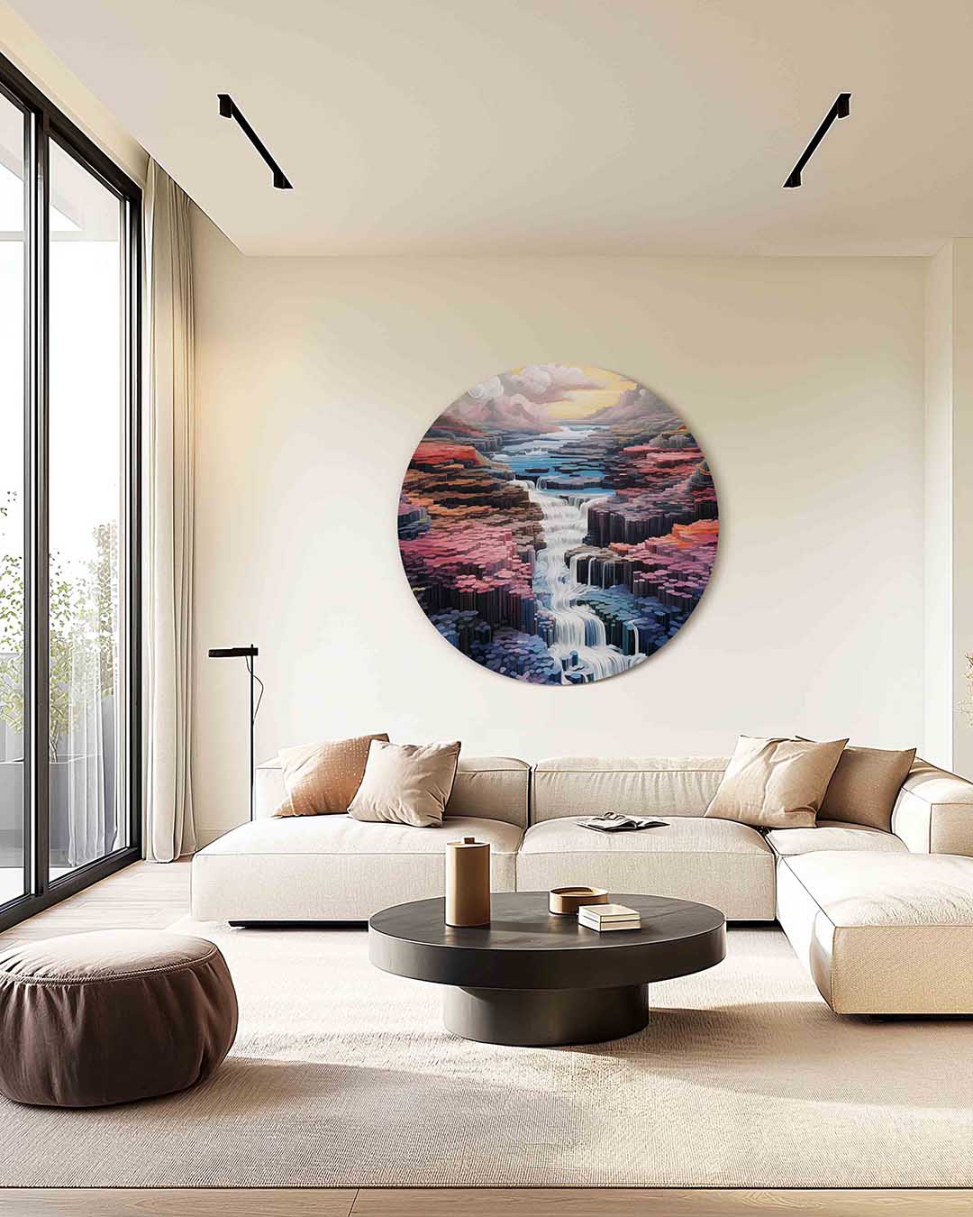 Waterval en bergen – kleurrijke illustratie muurcirkel als wanddecoratie