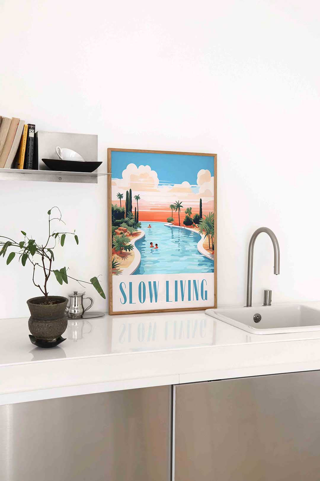 Zwembad en palmbomen – staande keuken wanddecoratie van WallArtistic