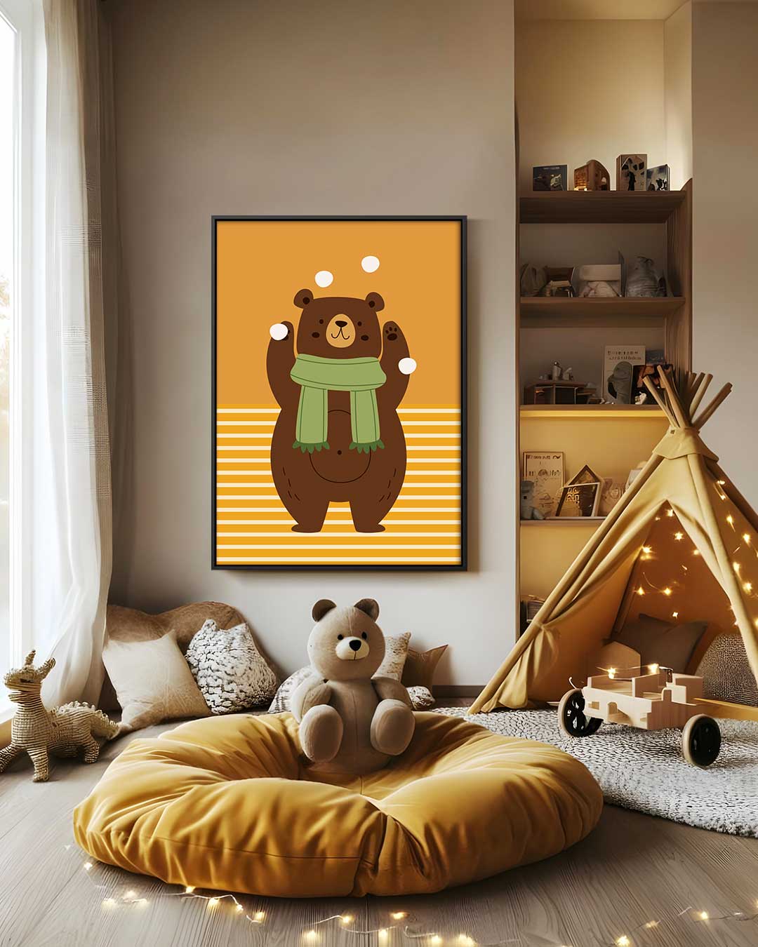 Speelse Beer Met Sjaal – modern portret kunstwerk van WallArtistic