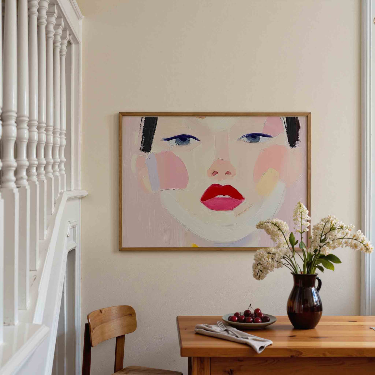 Portret met rode lippen – liggende illustratie poster als wanddecoratie