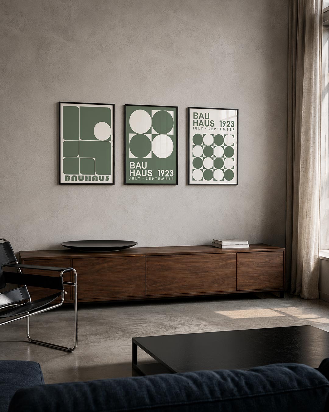 Vormen en vlakken driedelige posterset – deze posterset in drie delen toont een spel van rechthoeken en cirkels in grijsgroen