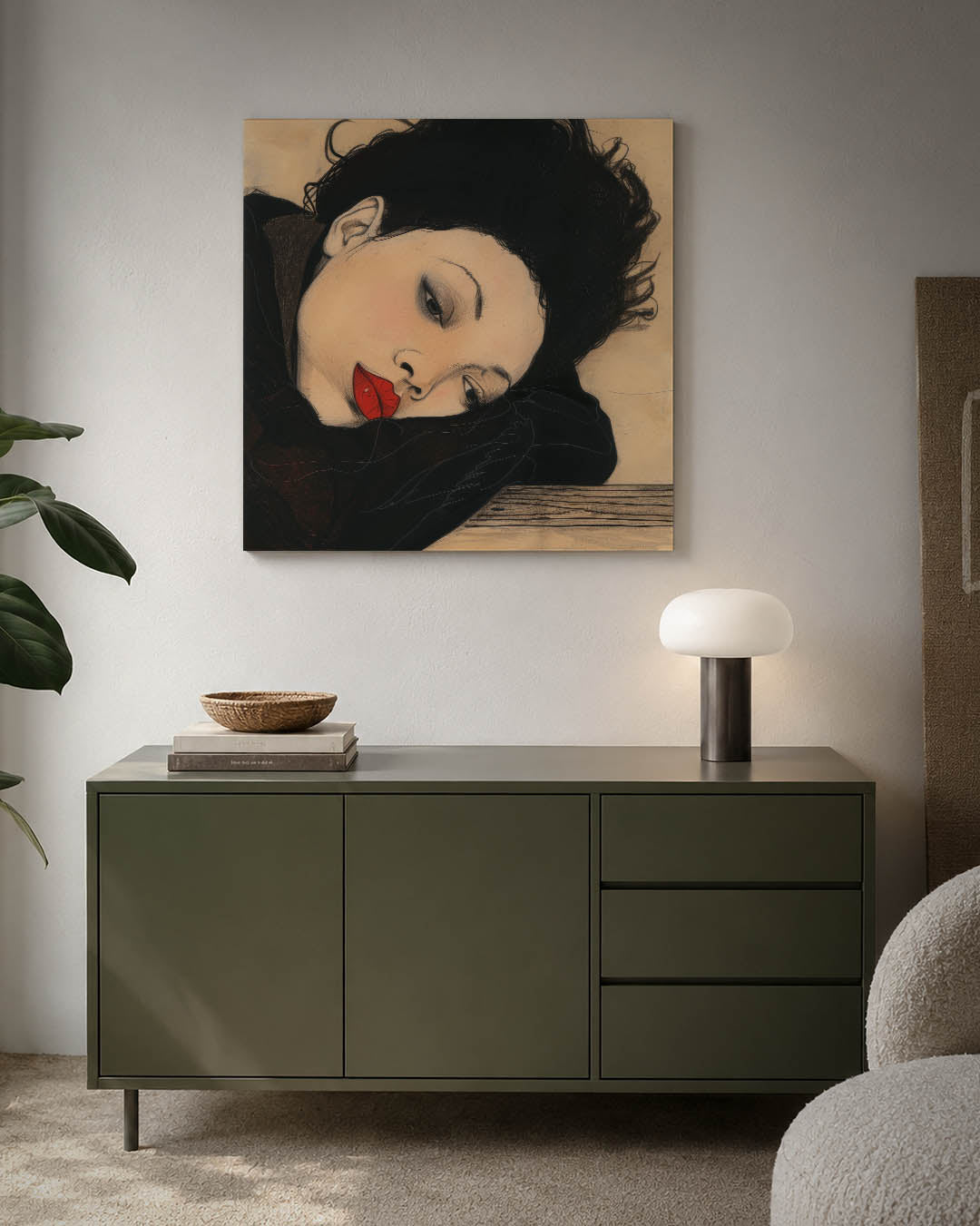 Dromerige vrouw kunstwerk – detailweergave – dit kunstwerk toont een vrouw met een serene uitdrukking, liggend op een houten