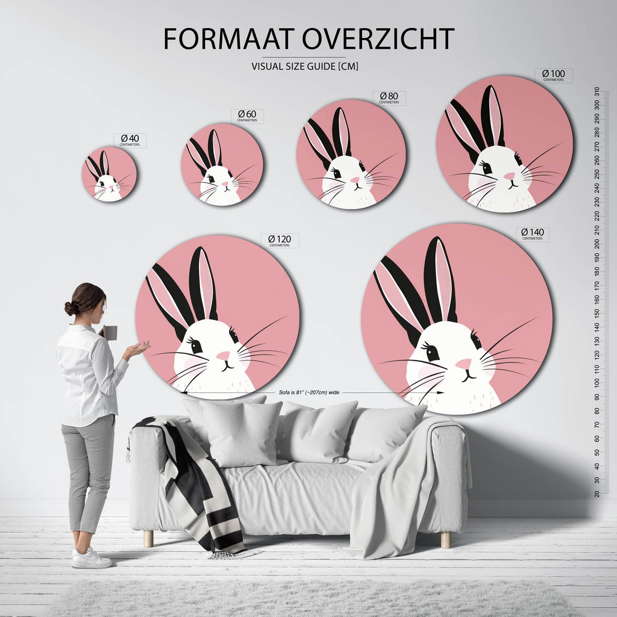 Konijn op roze Muurcirkel – extra productweergave – Een konijn met grote oren en zwarte ogen op een roze achtergrond.