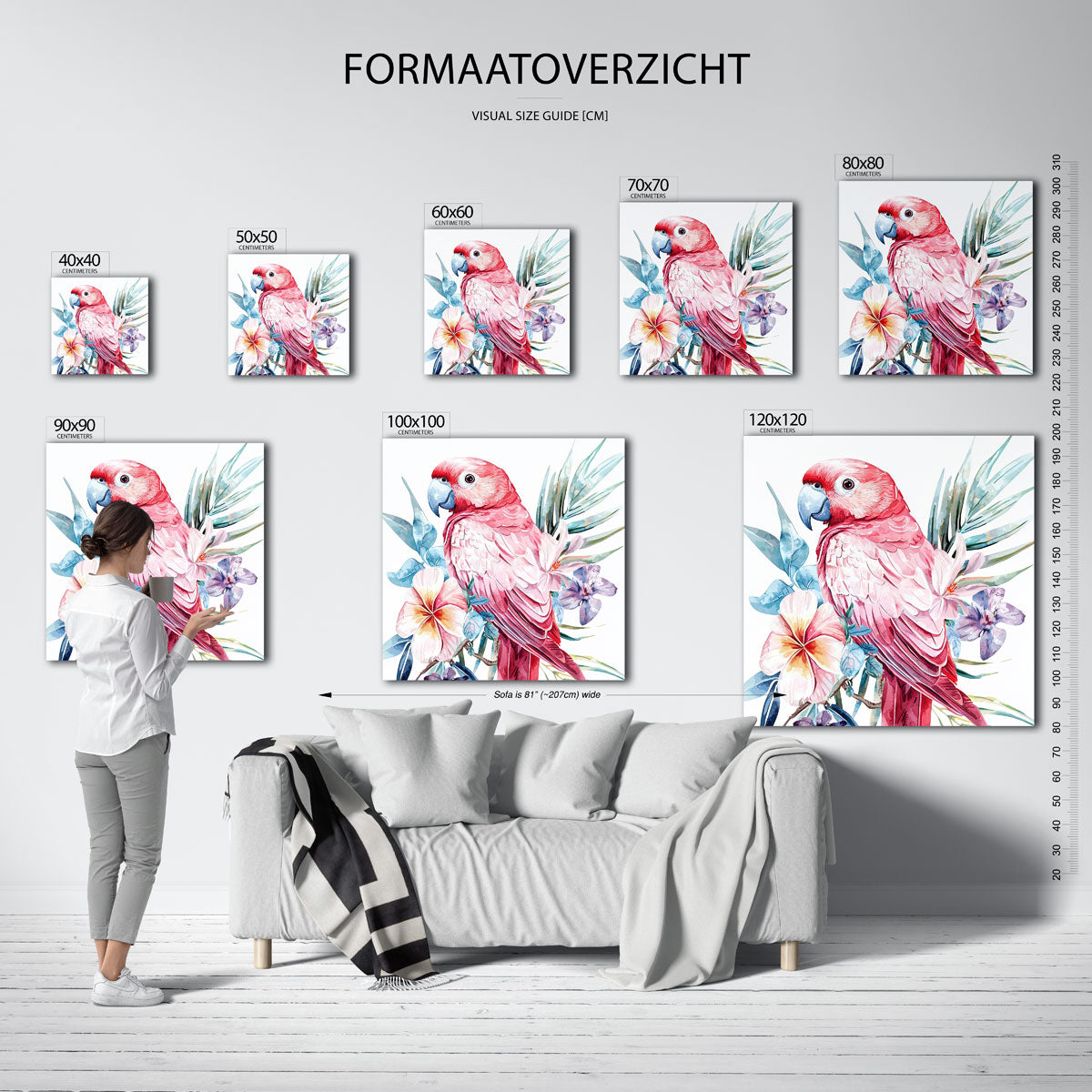 Papegaai en bloemen – vierkante muurposter met dierenthema
