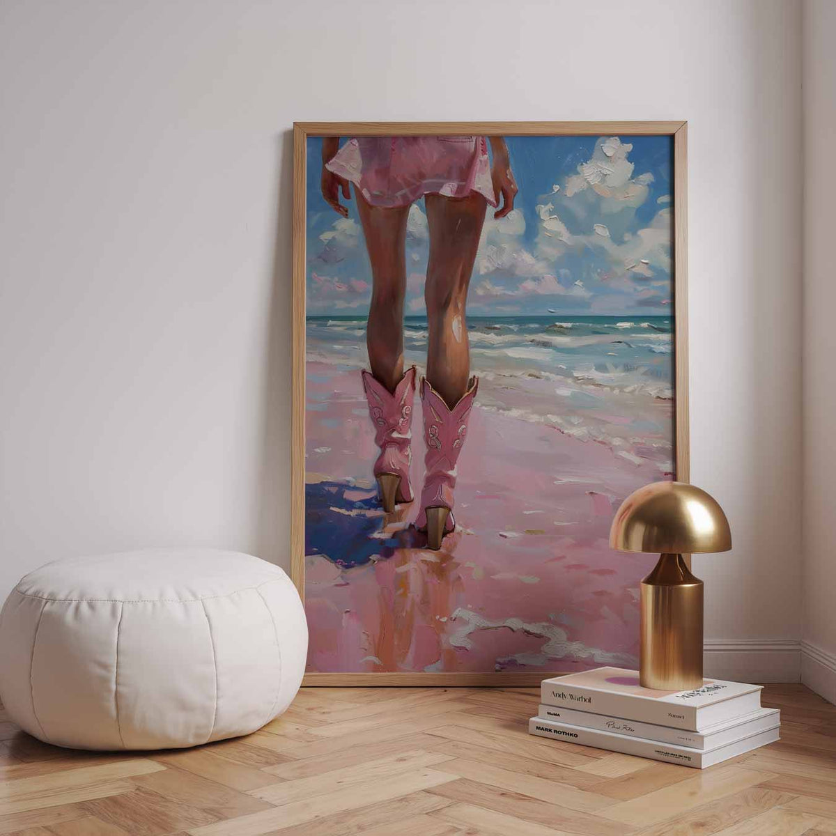 Strandwandeling met Roze Cowboylaarzen – urban poster in staand formaat