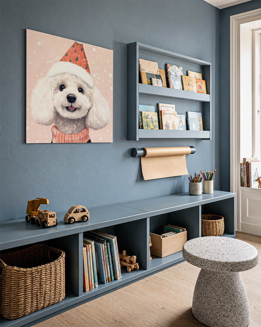 Vrolijke hond illustratie kunstwerk – detailweergave – dit toont een schattige witte hond met een feestelijke hoed op een