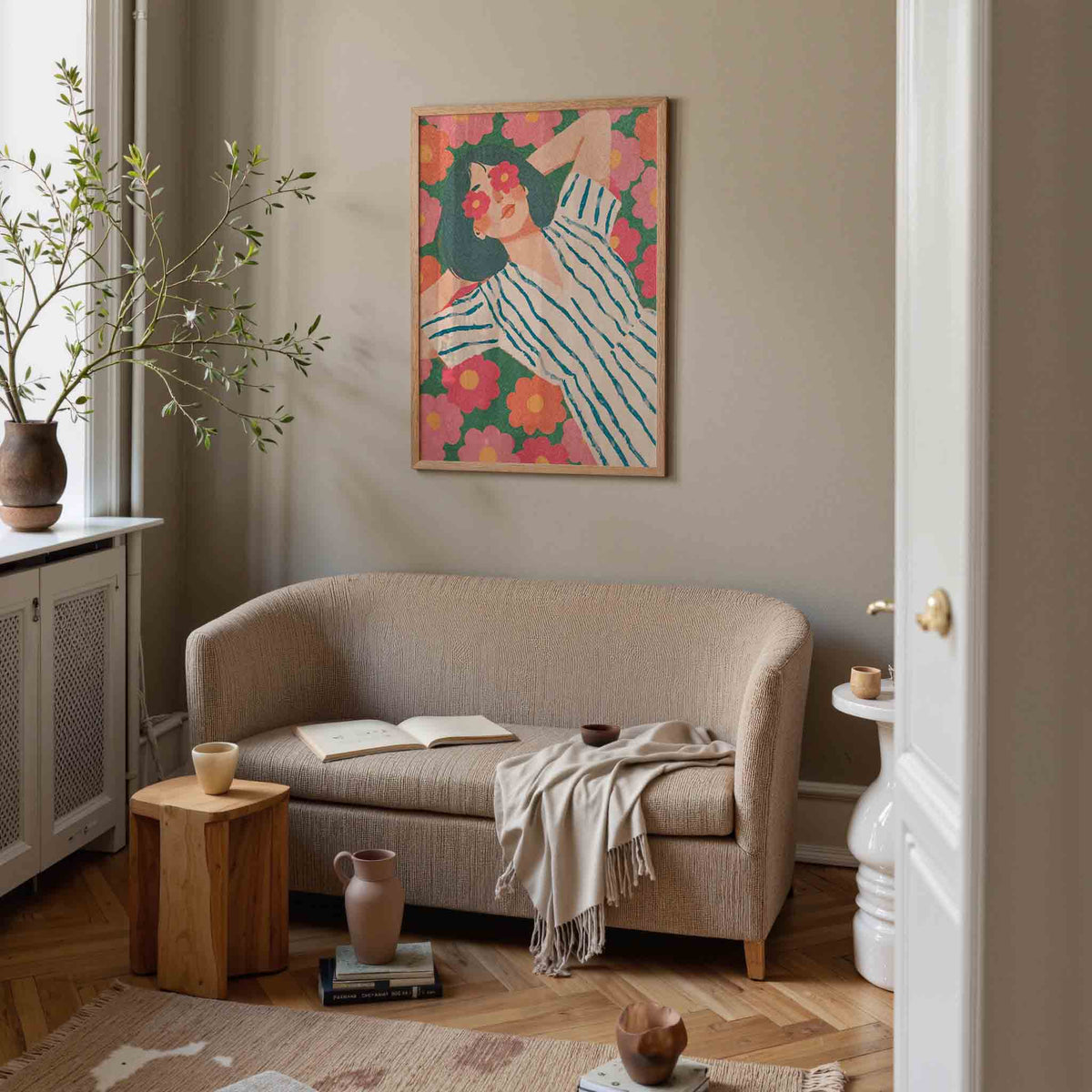 Vrouw met bloemen – pastel poster in staand formaat