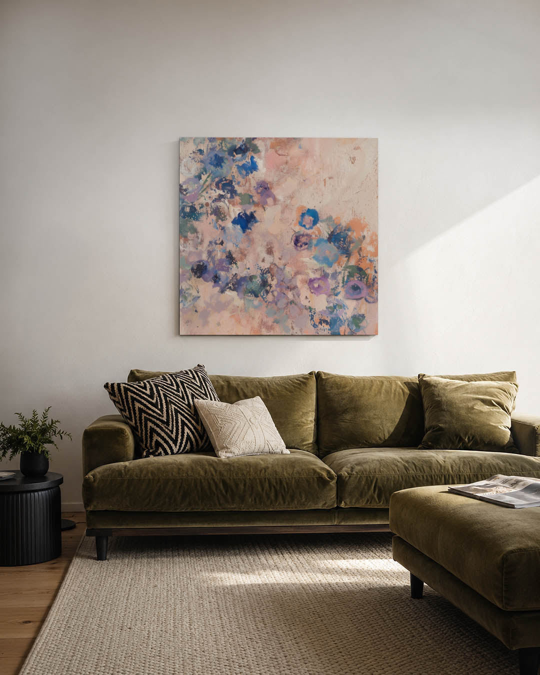 Dromerige kleurenexplosie kunstwerk – derde productweergave – dit werk toont een levendige mix van kleuren en vormen, met