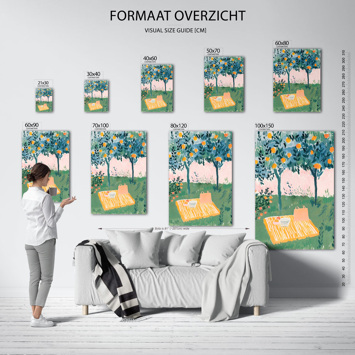 Picknick onder sinaasappelbomen – staande muurposter met kleurrijke illustratie