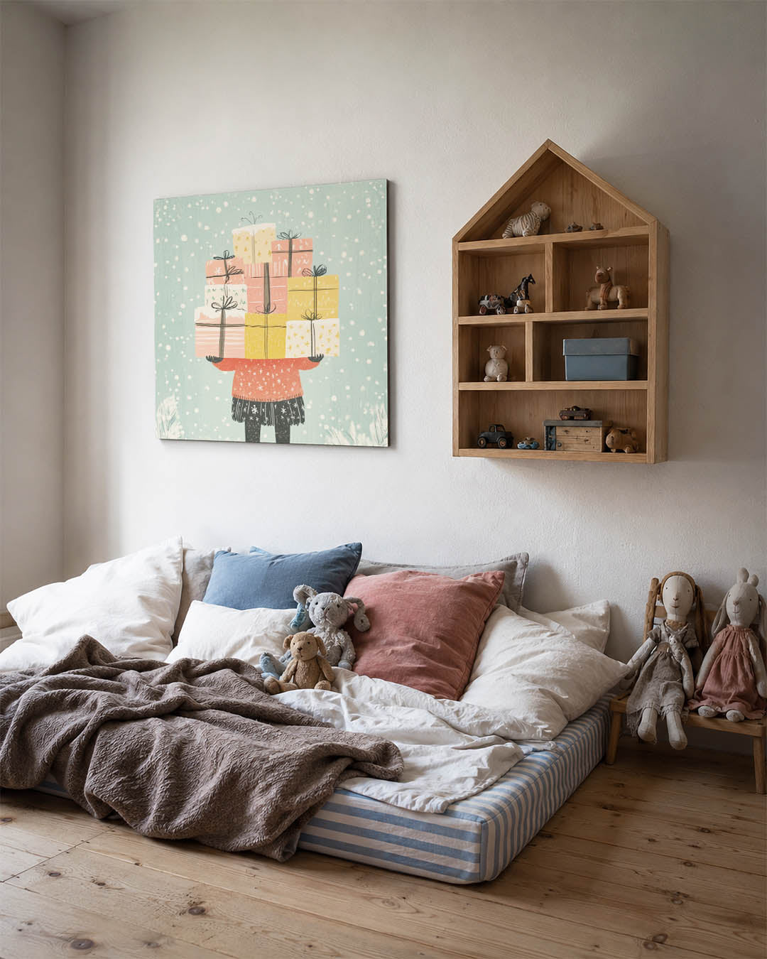 Vrolijke cadeaus kunstwerk – derde productweergave – dit kunstwerk toont een stapel kleurrijke cadeaus in een sneeuwachtige