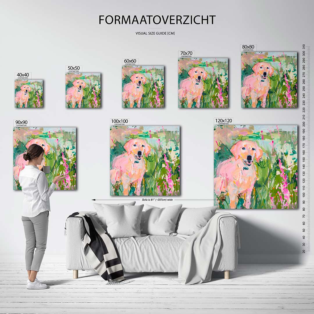 Vrolijke hond in tuin kunstwerk – sfeerbeeld – dit werk toont een speelse hond omringd door levendige kleuren en organische
