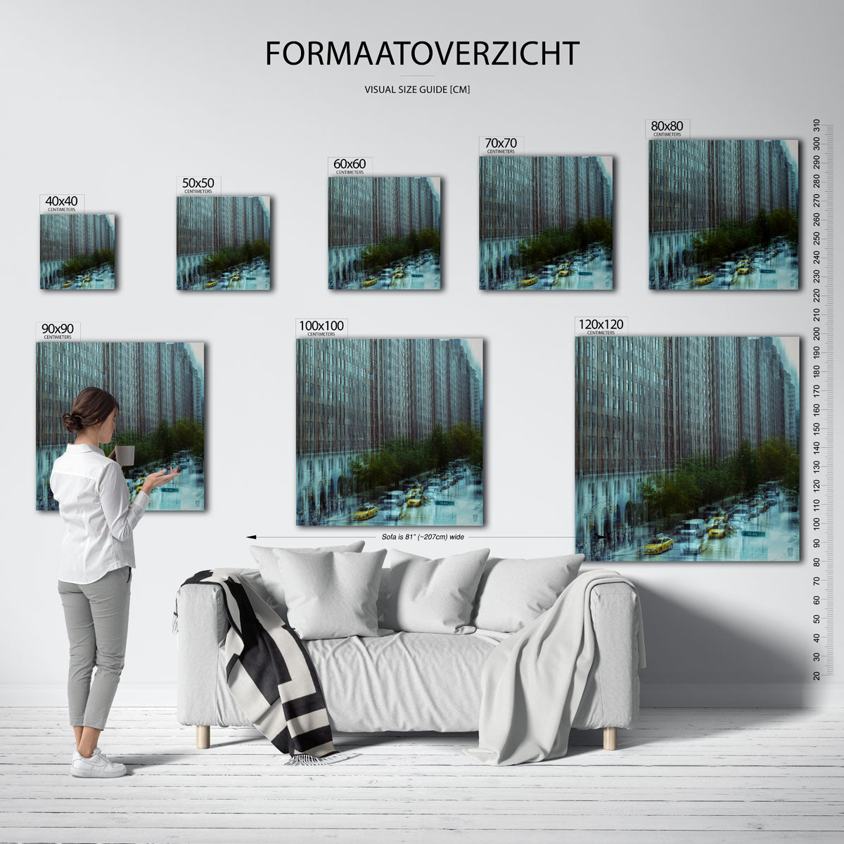 Stedelijke reflecties kunstwerk – materiaalweergave – deze kunstwerk toont een drukke stadsscène met hoge gebouwen en gele