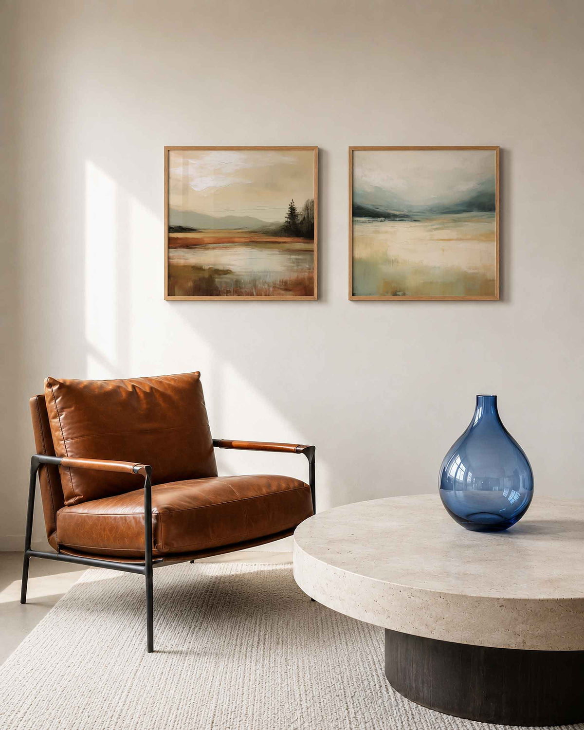 Interieurpresentatie van een tweedelige vierkante posterset met landschap met water