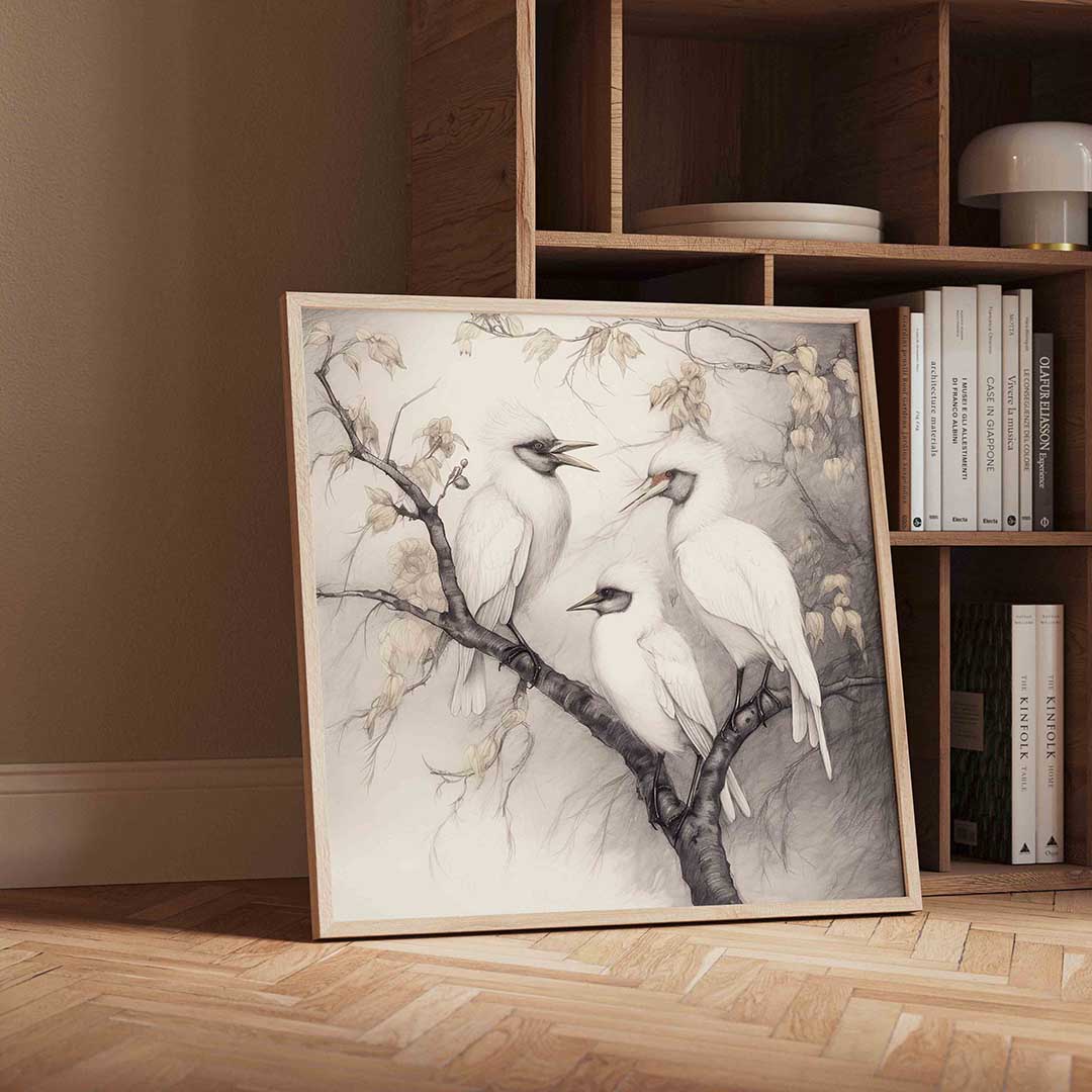 Vogels op tak – moderne wandkunst met kleur en vormen als poster