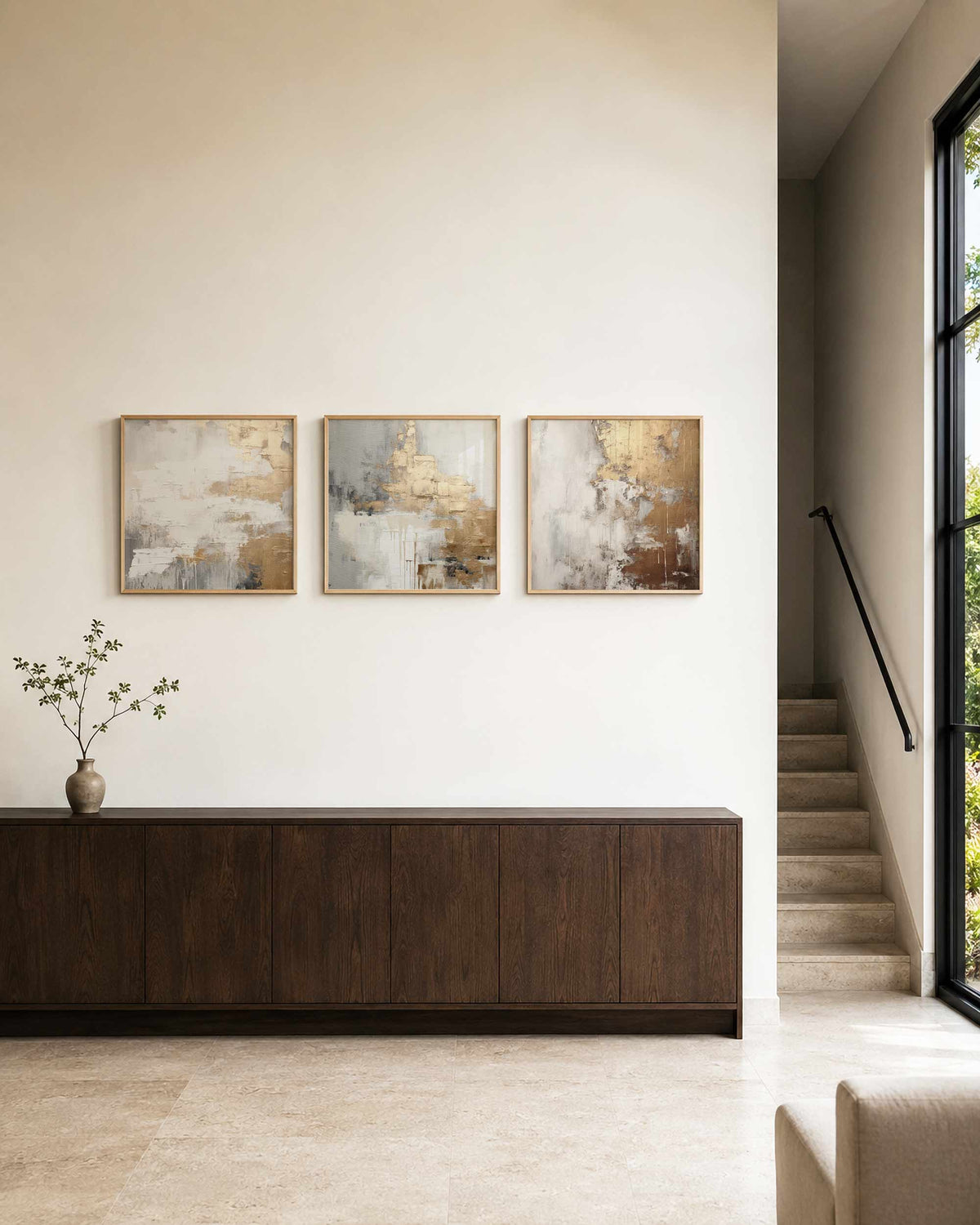 Interieurpresentatie van een driedelige vierkante posterset met aardetinten abstract