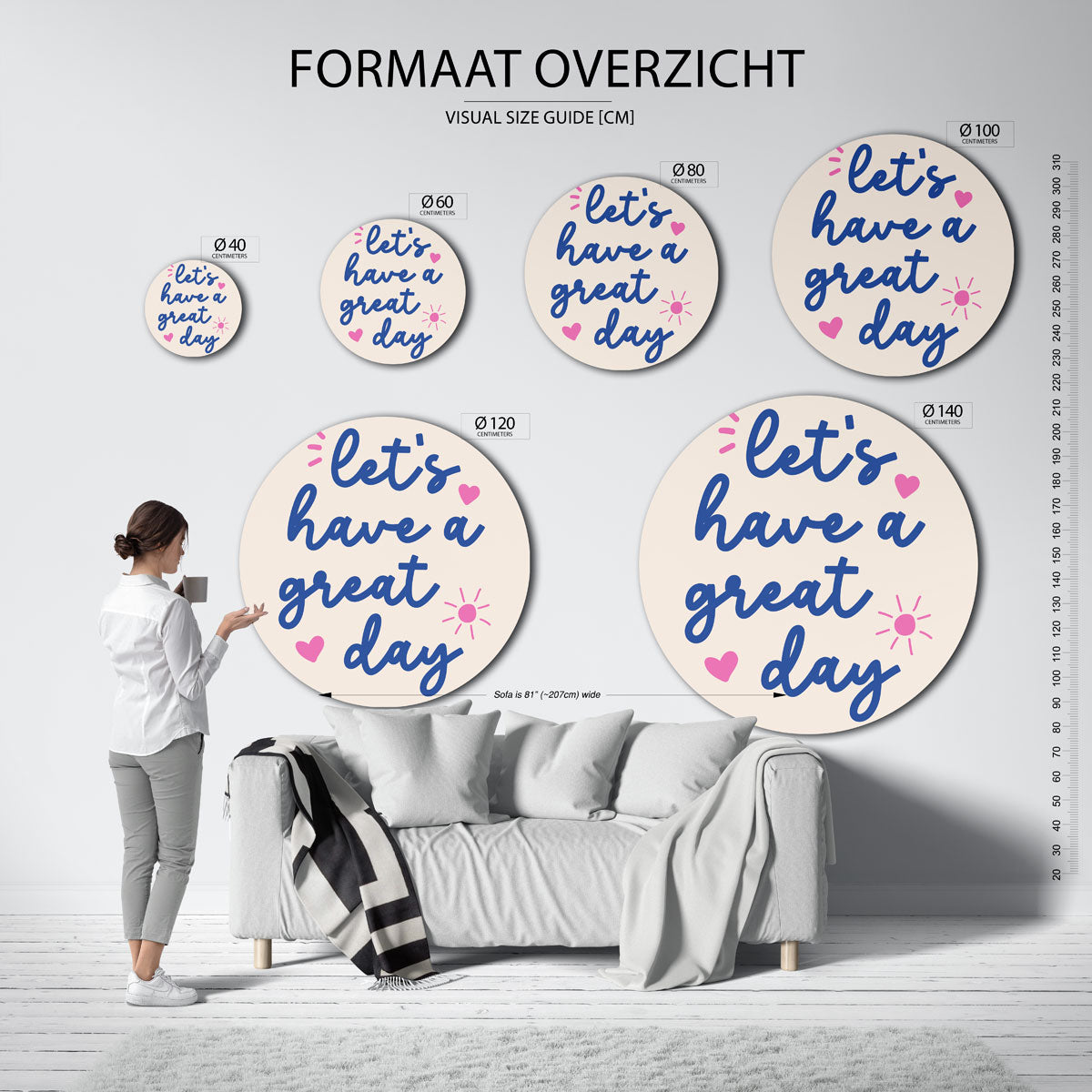 Blauwe tekst en roze accenten – geïllustreerde wandkunst als moderne muurcirkel