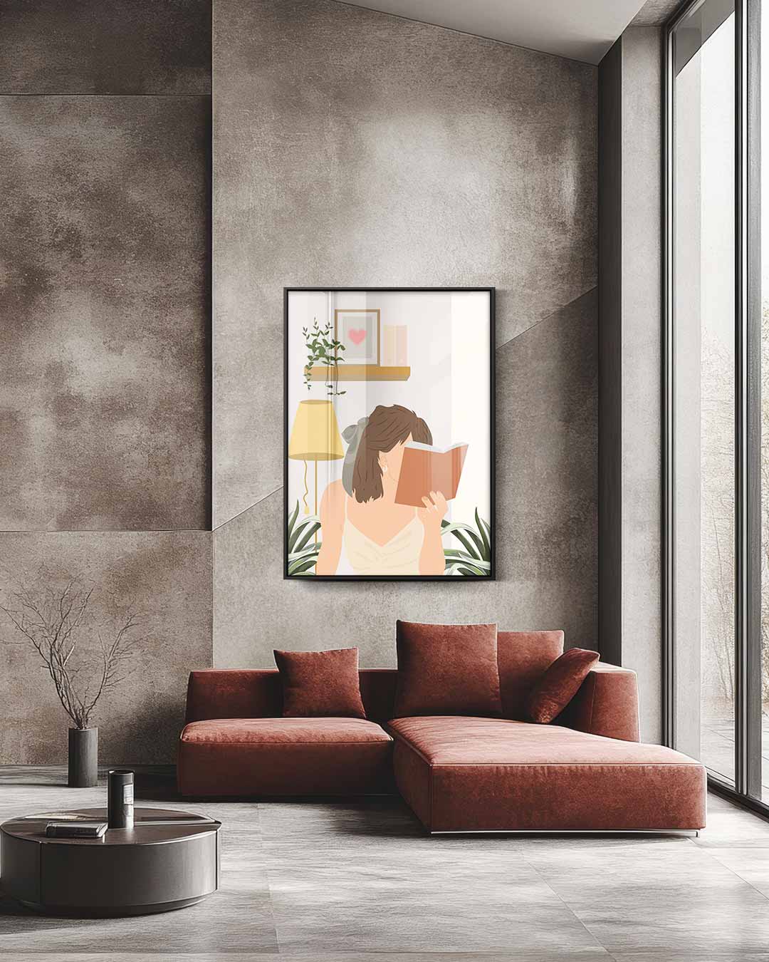 Lezende Vrouw in een Gezellige Kamer – staande wandkunst voor woonkamer of interieur