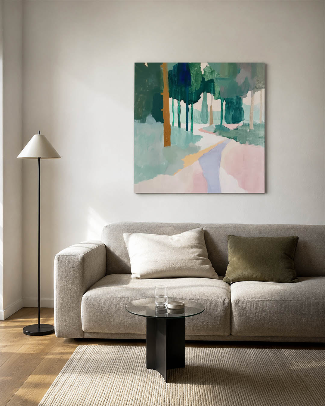 Boslandschap in kleurvlakken kunstwerk – vierkante wanddecoratie – dit werk toont een boslandschap met vloeiende kleurvlakken