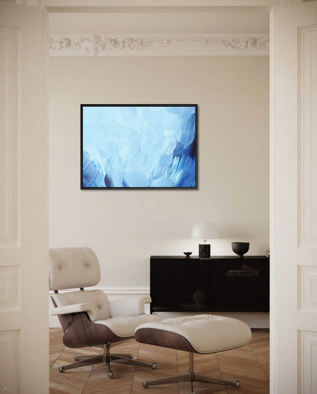 Blauwe borstelstreken – liggende wanddecoratie
