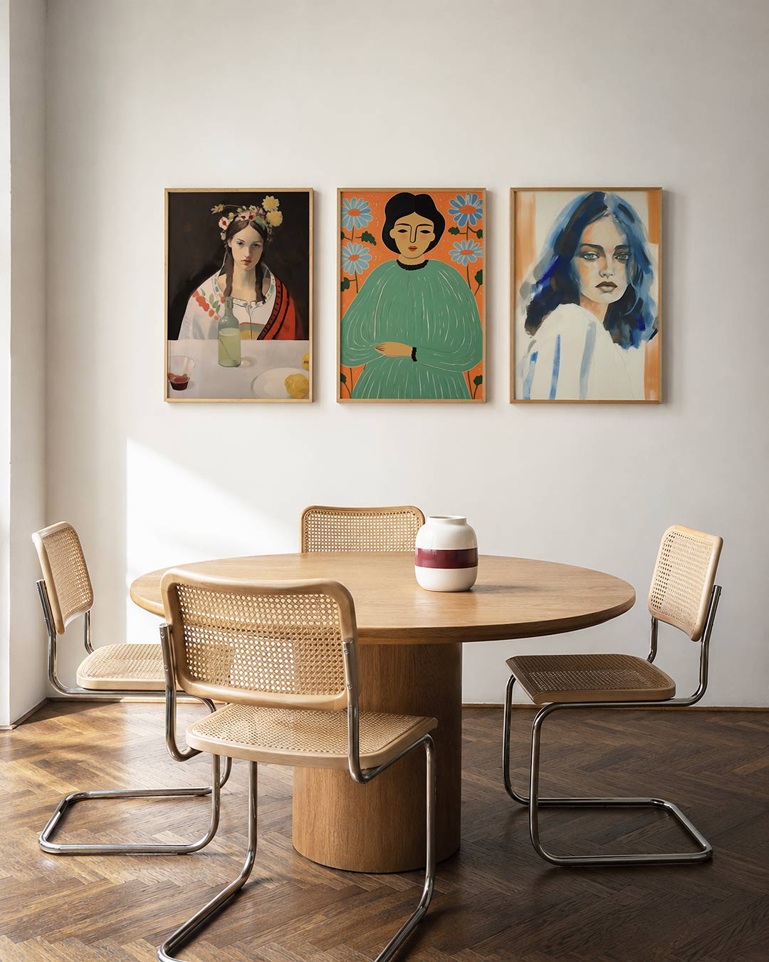 Kleurrijke portretcompositie driedelige posterset in interieur