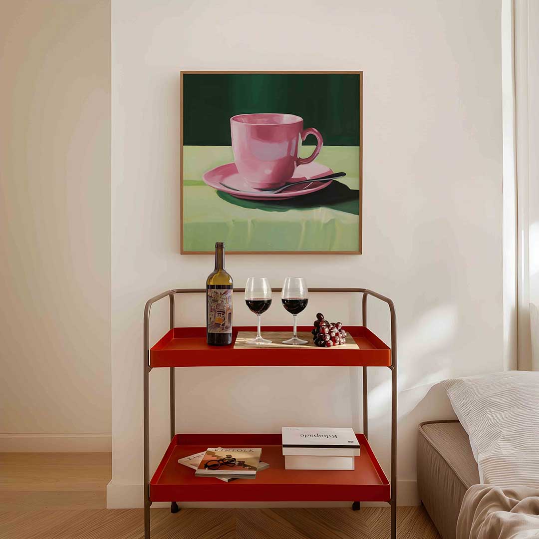 Roze kop en schotel – vierkante keuken wanddecoratie van WallArtistic