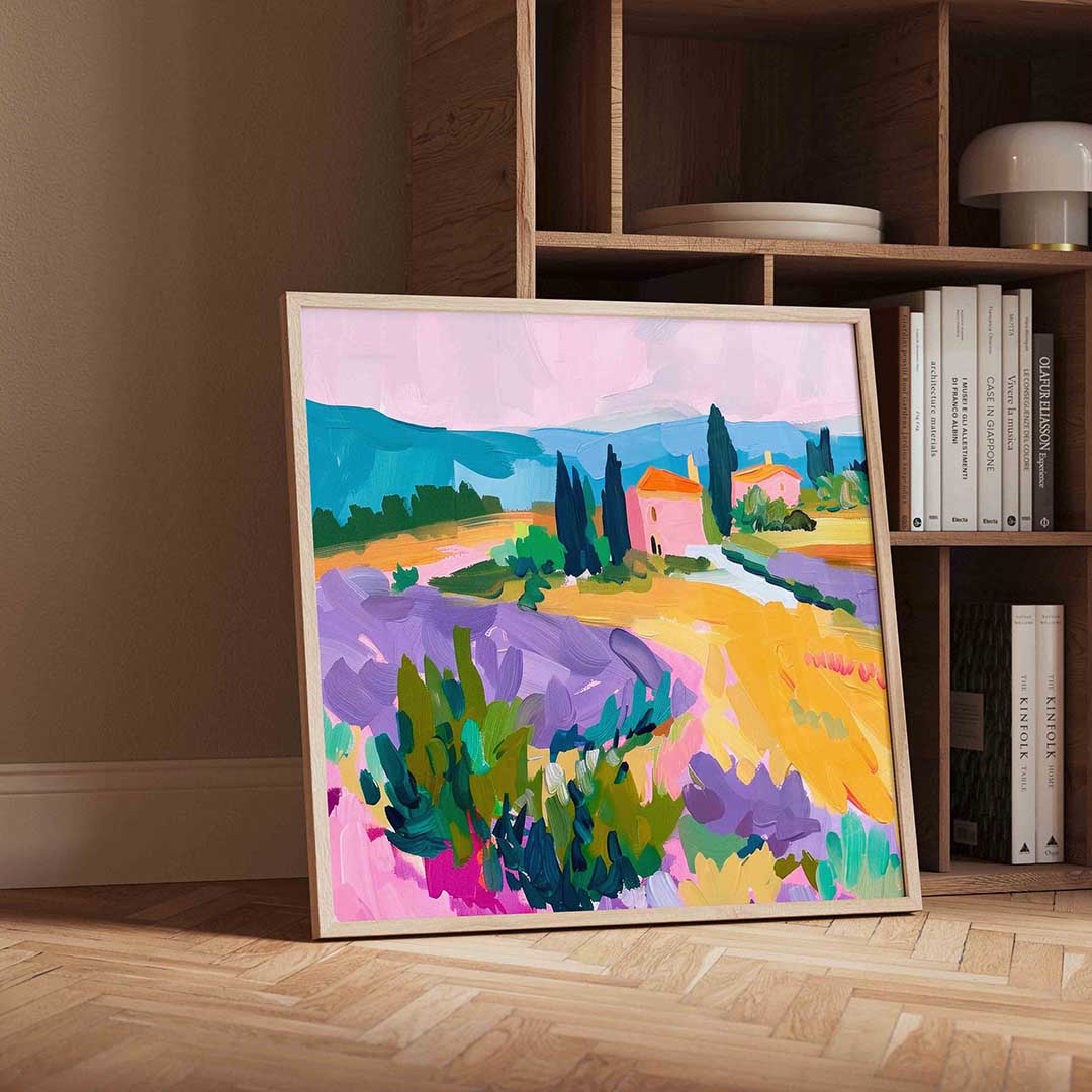 Landschap met lavendel – geïllustreerde wandkunst als vierkante poster