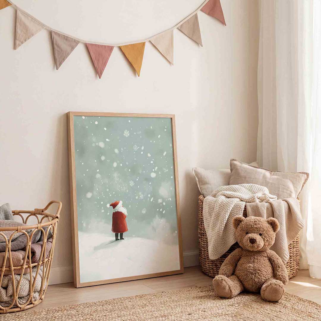 Sneeuwlandschap met figuur – speelse wandkunst als portret kinderposter