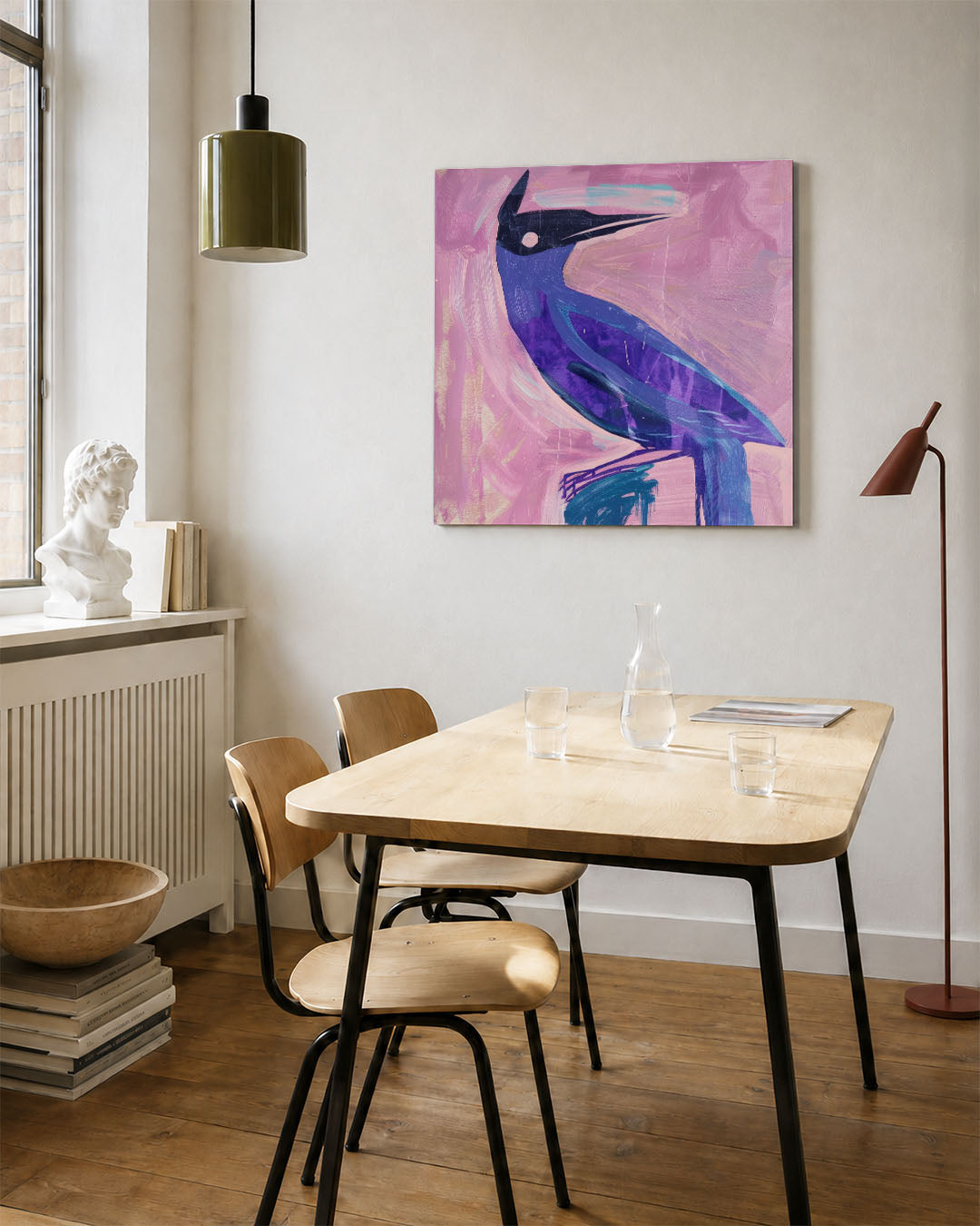 Vogelsilhouet met kleuren kunstwerk – vierkante wanddecoratie – dit werk toont een vogel in krachtige lijnen en kleuren. Het