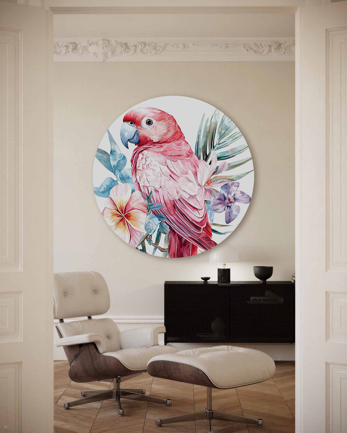 Papegaai en bloemen – illustratie muurcirkel als ronde muurdecoratie