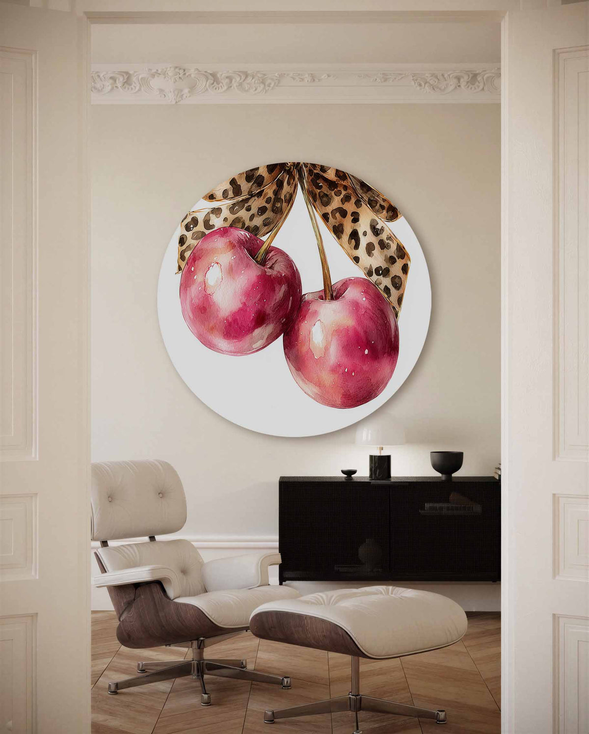 Kersen met strik – kleurrijke Pop Art muurcirkel voor aan de muur