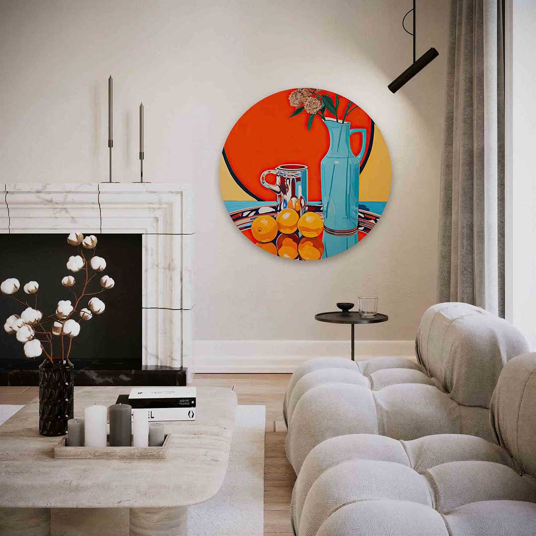 Stilleven met vaas en sinaasappels – abstracte textuur muurcirkel als wanddecoratie