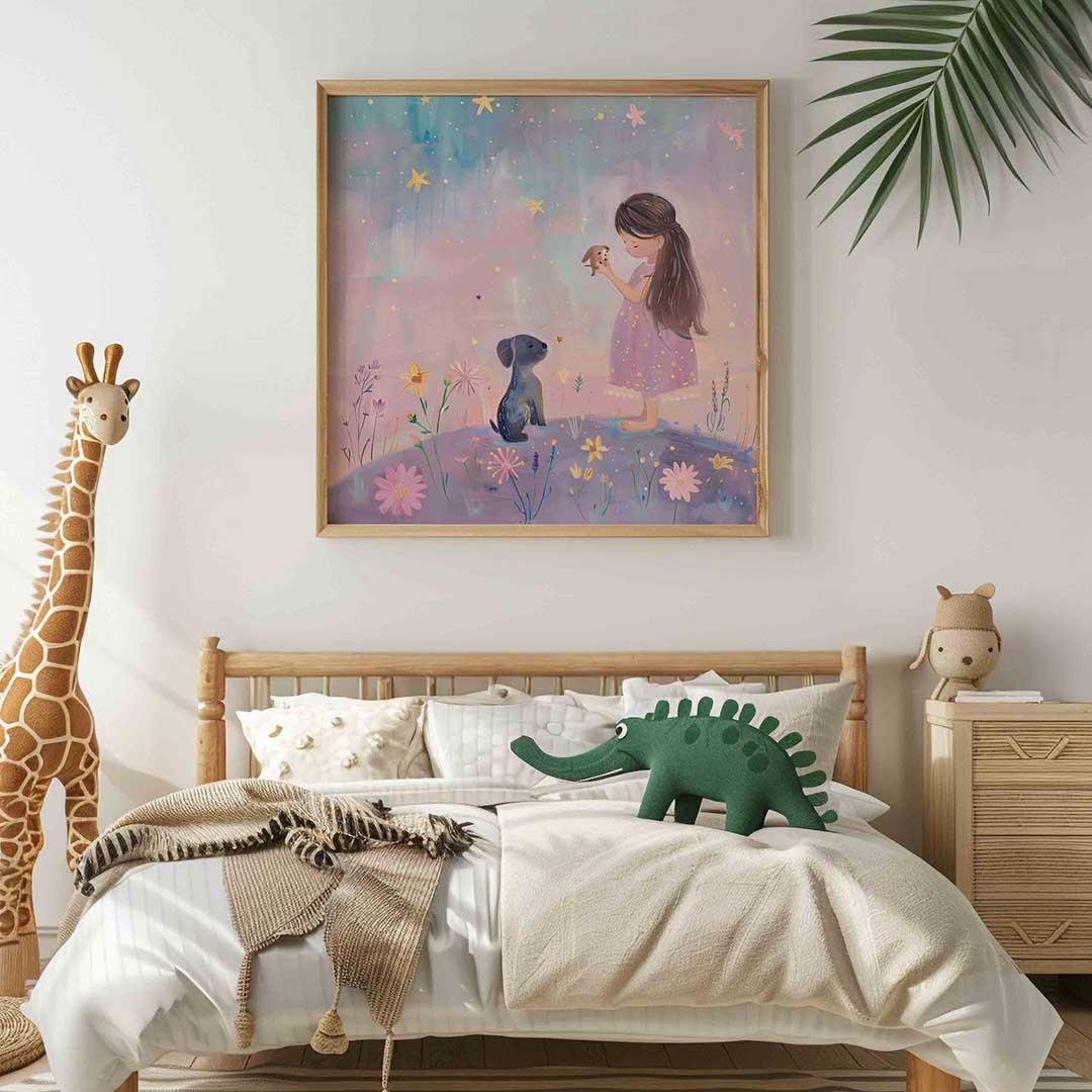 Meisje met hondjes – vierkante kinderkamer wanddecoratie van WallArtistic