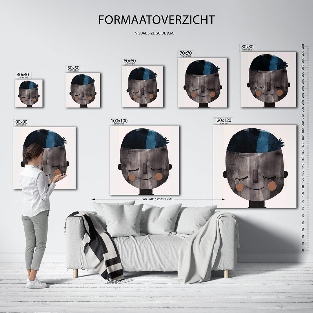 Vrolijk gezicht portret kunstwerk – sfeerbeeld – dit werk toont een eenvoudig, vrolijk gezicht met gesloten ogen. De kleuren