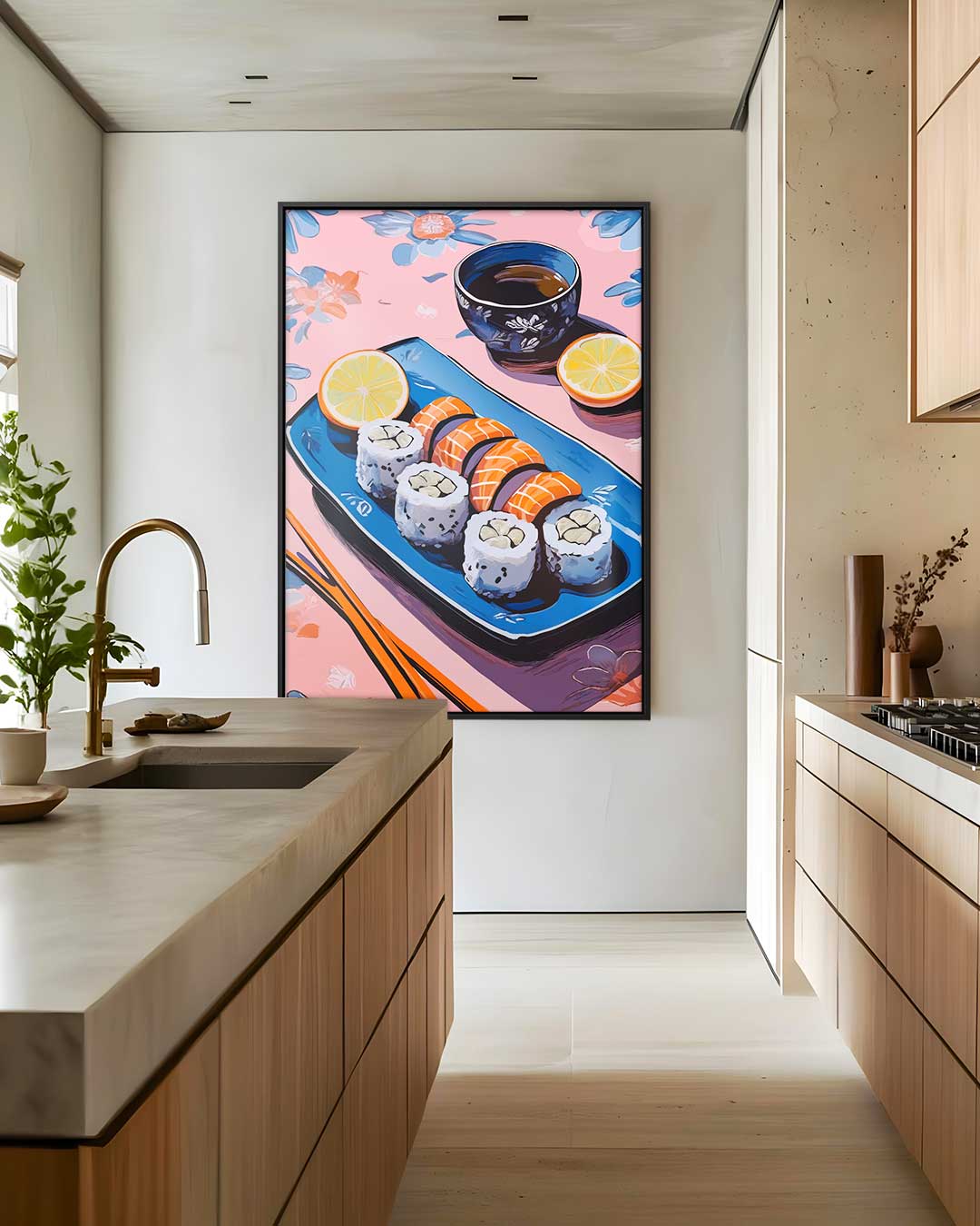 Sushi Stilleven op Bloemenachtergrond – staand kunstwerk voor modern interieur