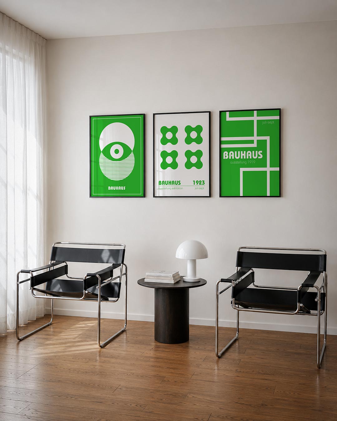 Cirkel en strepen posterset – tweede productweergave – deze poster toont een speelse compositie van witte cirkels en groene