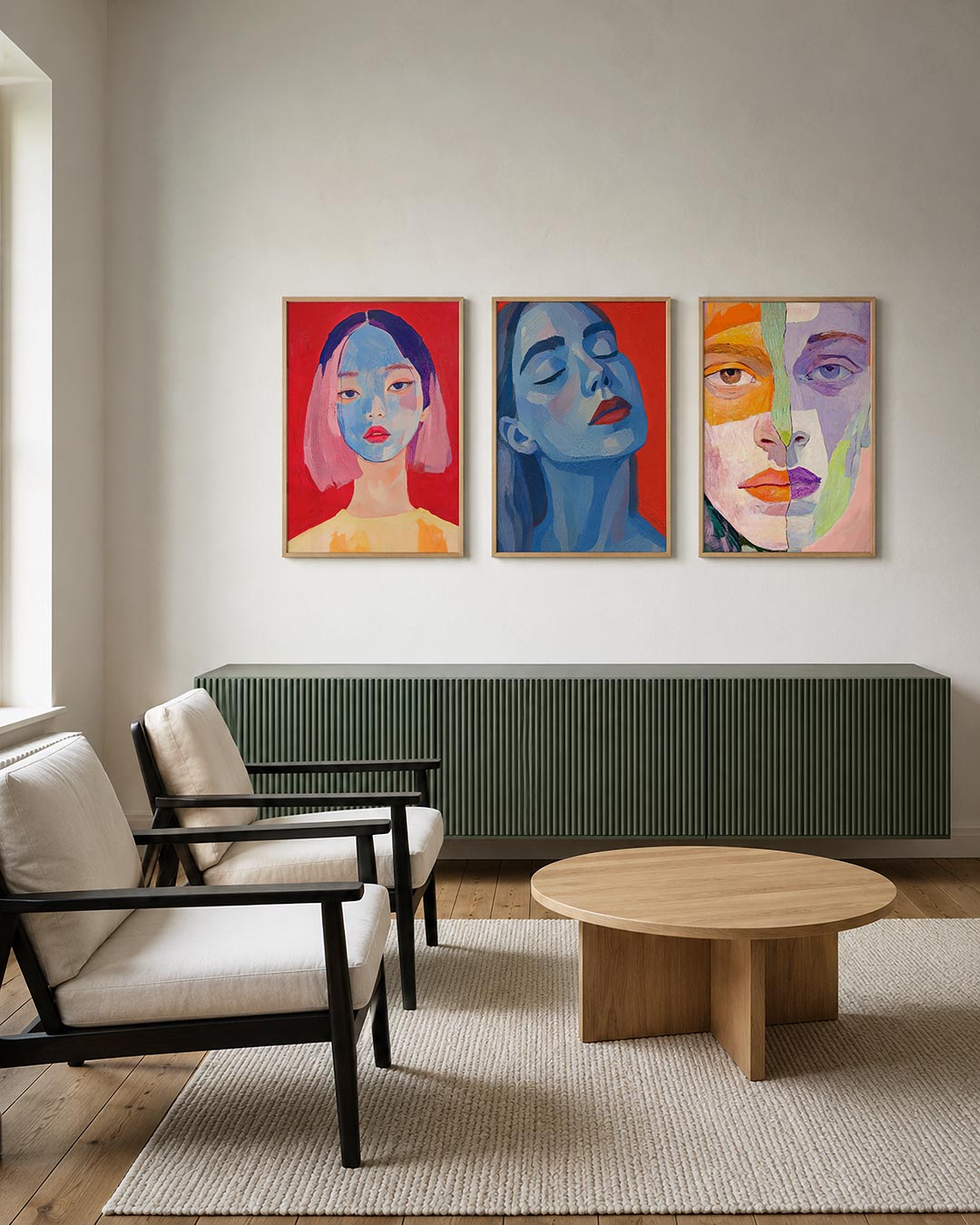 Portretuitdrukking posterset – tweede productweergave – een portret met een blauw gezicht tegen een rode achtergrond