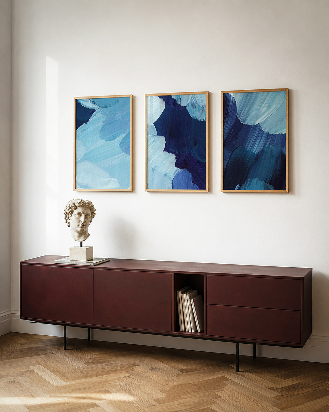 Blauwe vegen posterset – tweede productweergave – deze posterset in drie delen toont een spel van blauwe