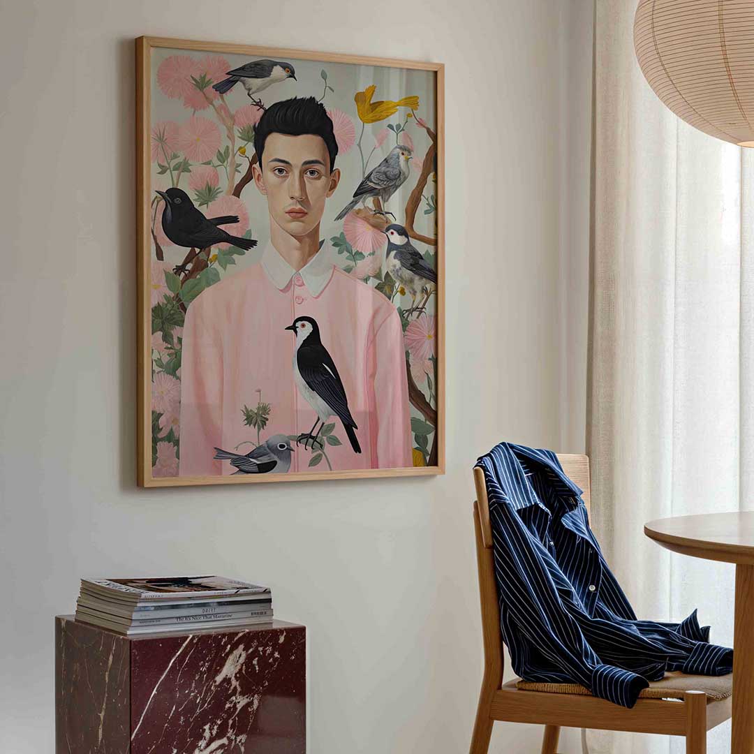 Vogels en man in roze – kleurrijke illustratie poster in staand formaat