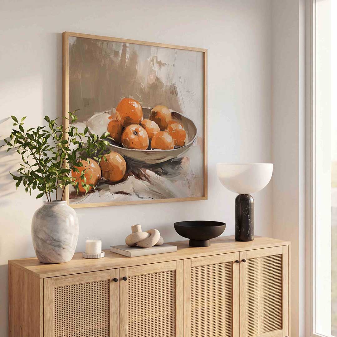 Mandarijnen in schaal – kunst en design poster in vierkant formaat