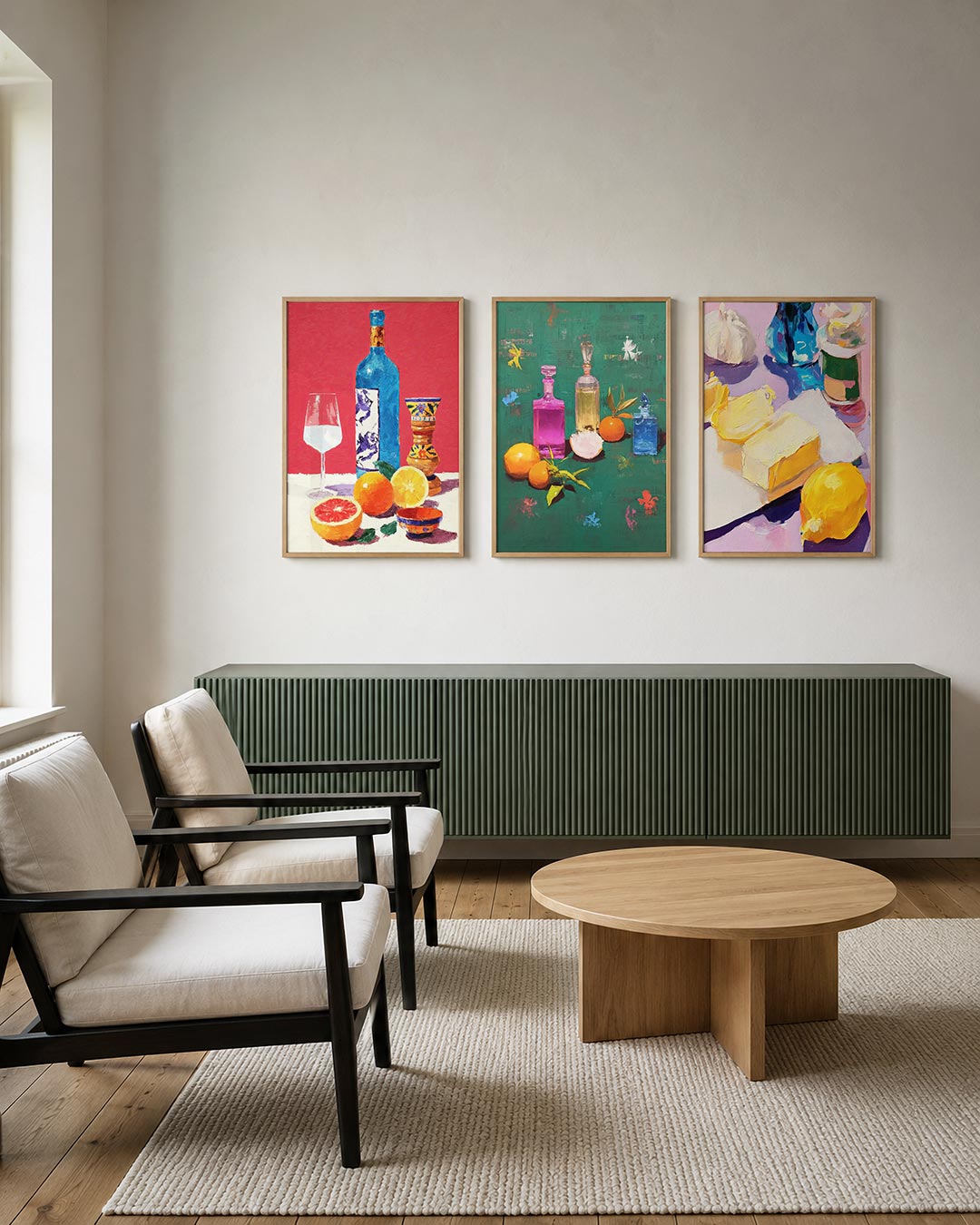 Kleurrijke tafelsetting posterset – tweede productweergave – een levendige compositie met een blauwe fles, glas,