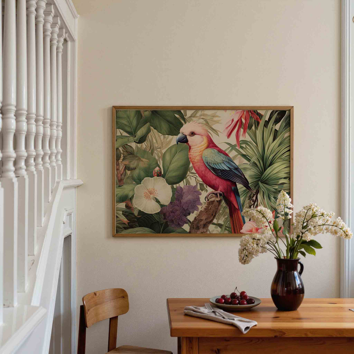 Papegaai en bloemen – tropische poster in liggend formaat