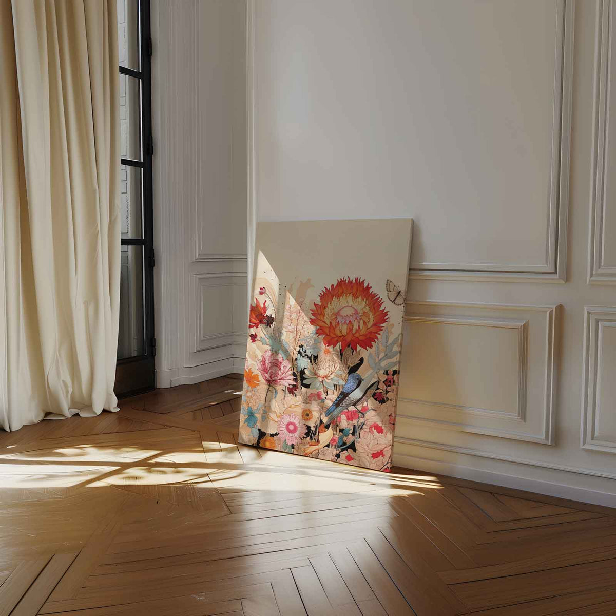 Vrolijke Bloemnatuur met Blauwe Vogel – dibond kunstwerk als wanddecoratie